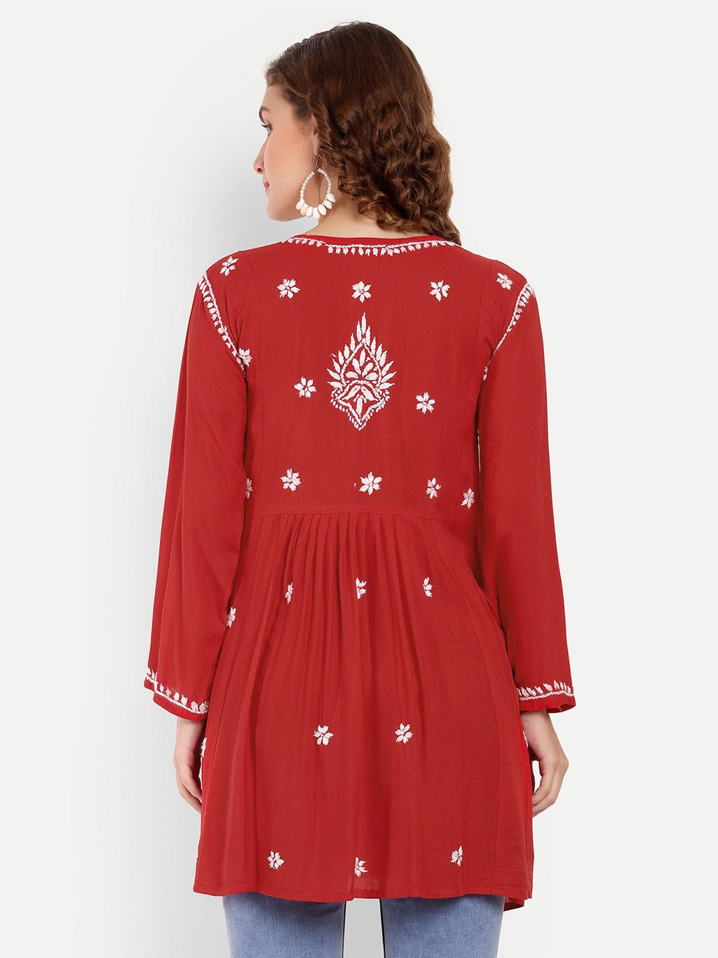 Lucknow Chikankari Hand Embroidered Peplum Fit and Flared Top Short Kurta - Indiankala4u