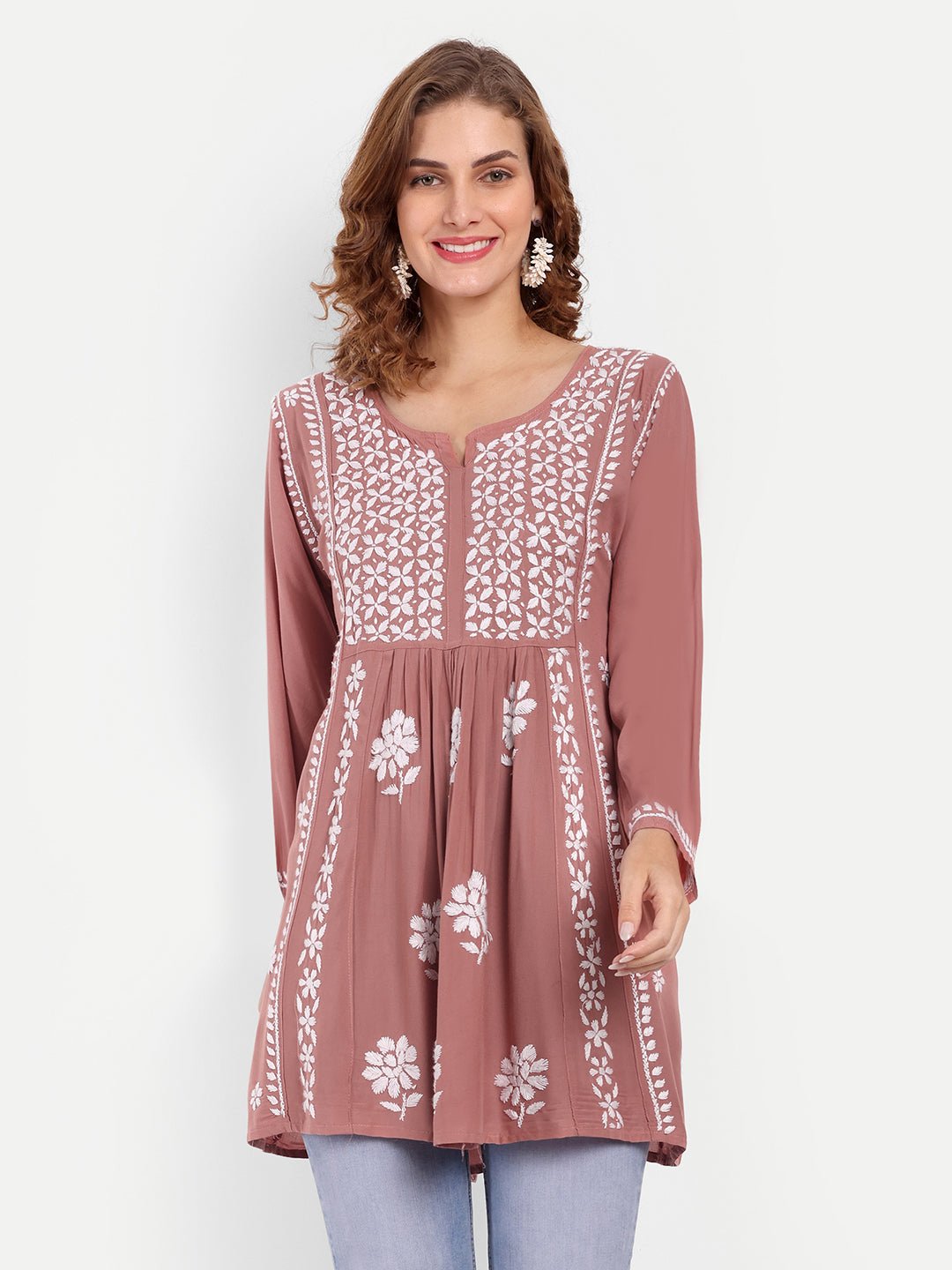 Lucknow Chikankari Hand Embroidered Peplum Fit and Flared Top Short Kurta - Indiankala4u