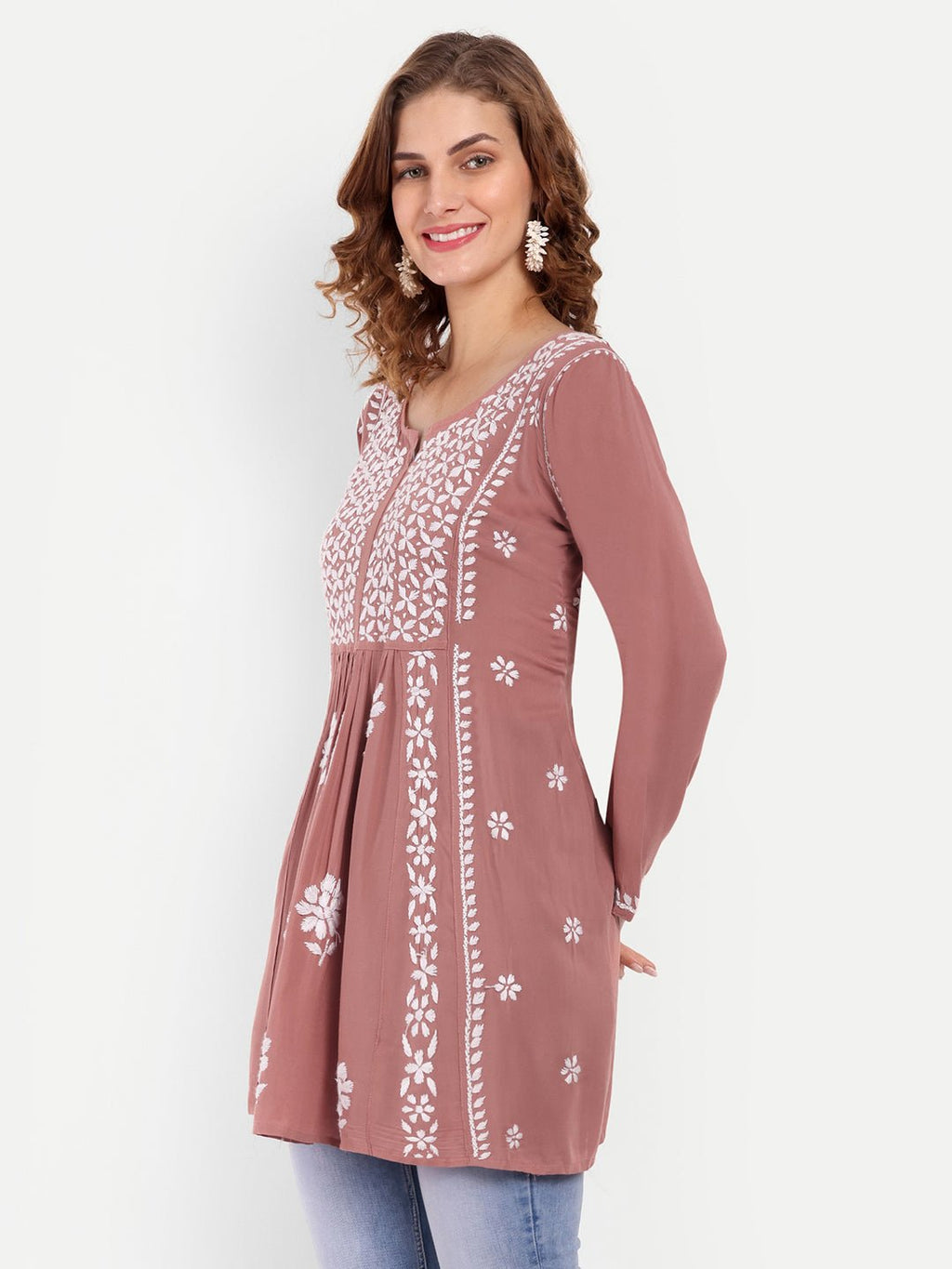 Lucknow Chikankari Hand Embroidered Peplum Fit and Flared Top Short Kurta - Indiankala4u