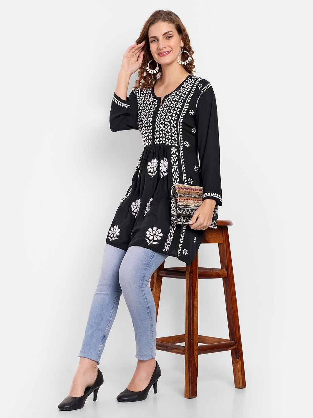 Lucknow Chikankari Hand Embroidered Peplum Fit and Flared Top Short Kurta - Indiankala4u