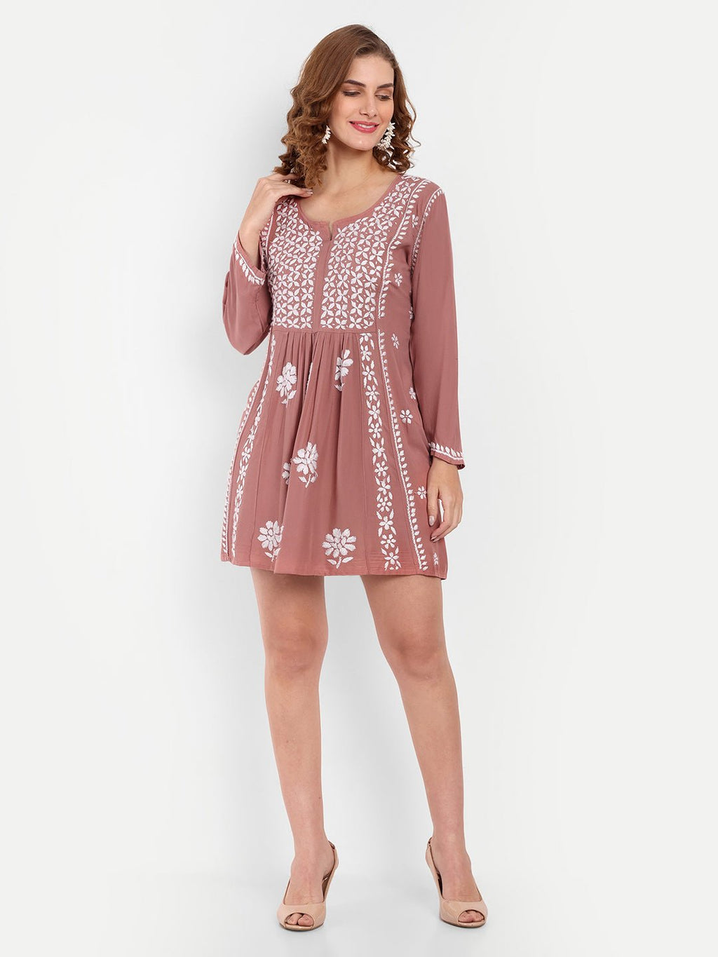 Lucknow Chikankari Hand Embroidered Peplum Fit and Flared Top Short Kurta - Indiankala4u