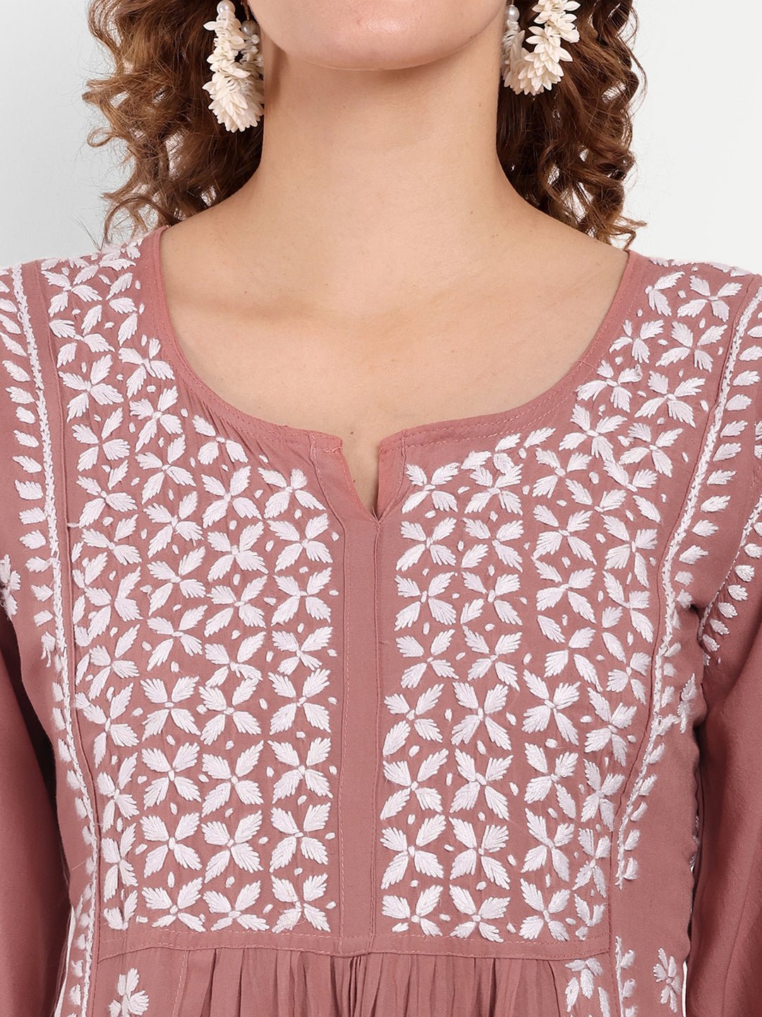 Lucknow Chikankari Hand Embroidered Peplum Fit and Flared Top Short Kurta - Indiankala4u