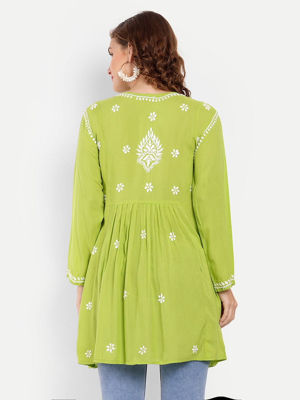 Lucknow Chikankari Hand Embroidered Peplum Fit and Flared Top Short Kurta - Indiankala4u