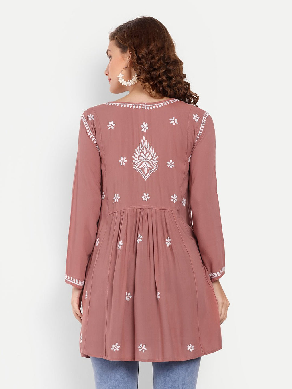 Lucknow Chikankari Hand Embroidered Peplum Fit and Flared Top Short Kurta - Indiankala4u