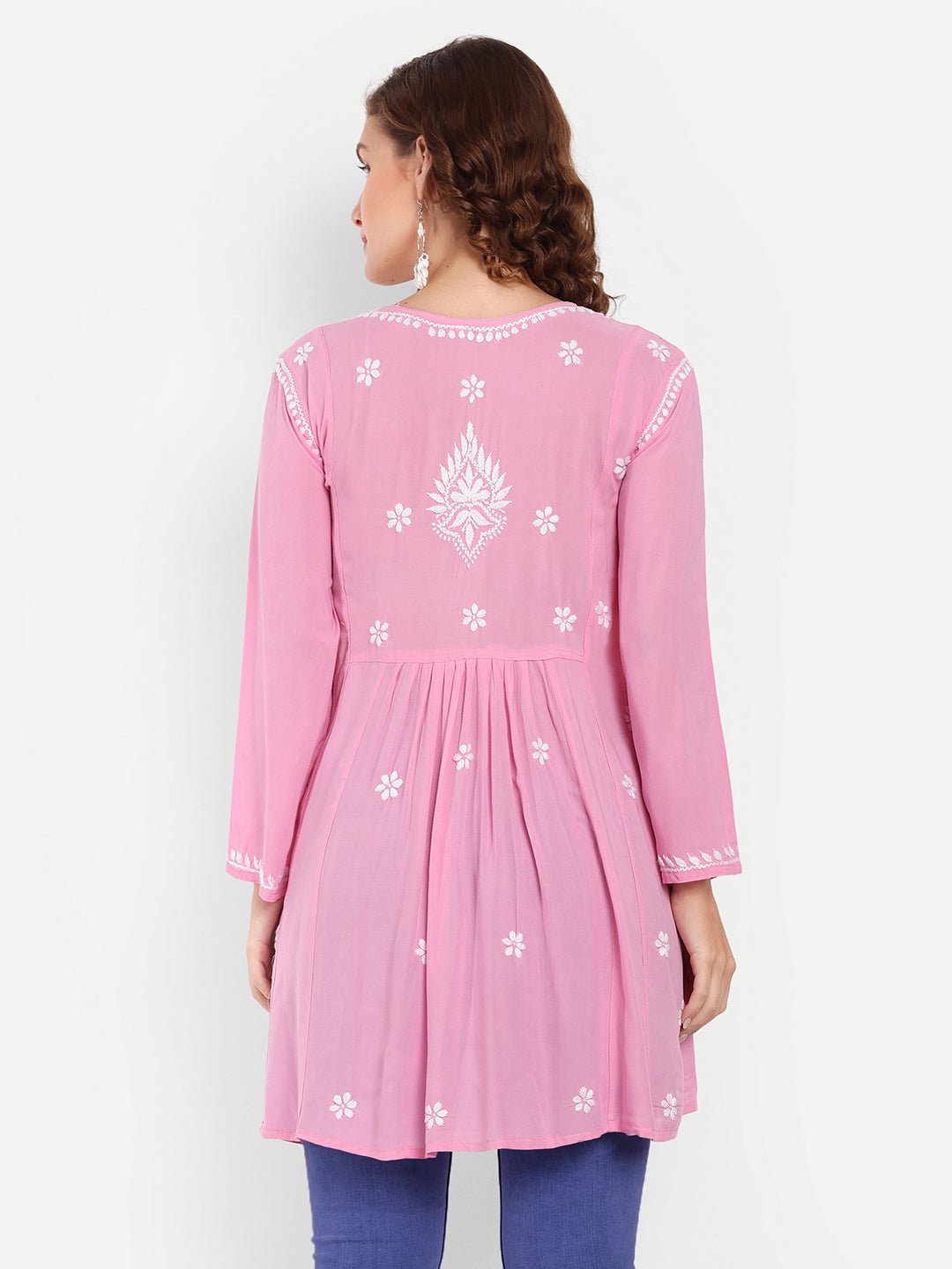 Lucknow Chikankari Hand Embroidered Peplum Fit and Flared Top Short Kurta - Indiankala4u