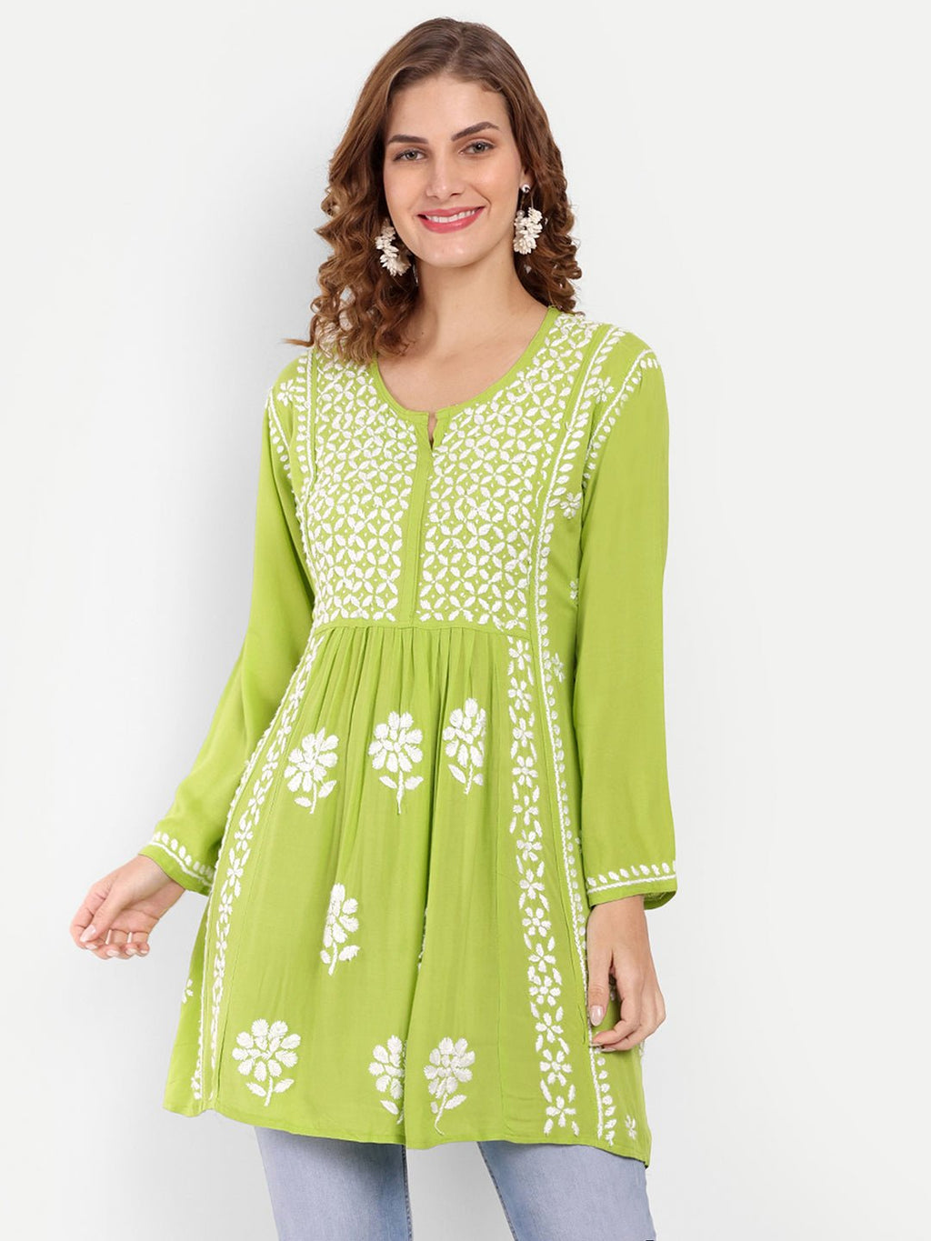 Lucknow Chikankari Hand Embroidered Peplum Fit and Flared Top Short Kurta - Indiankala4u