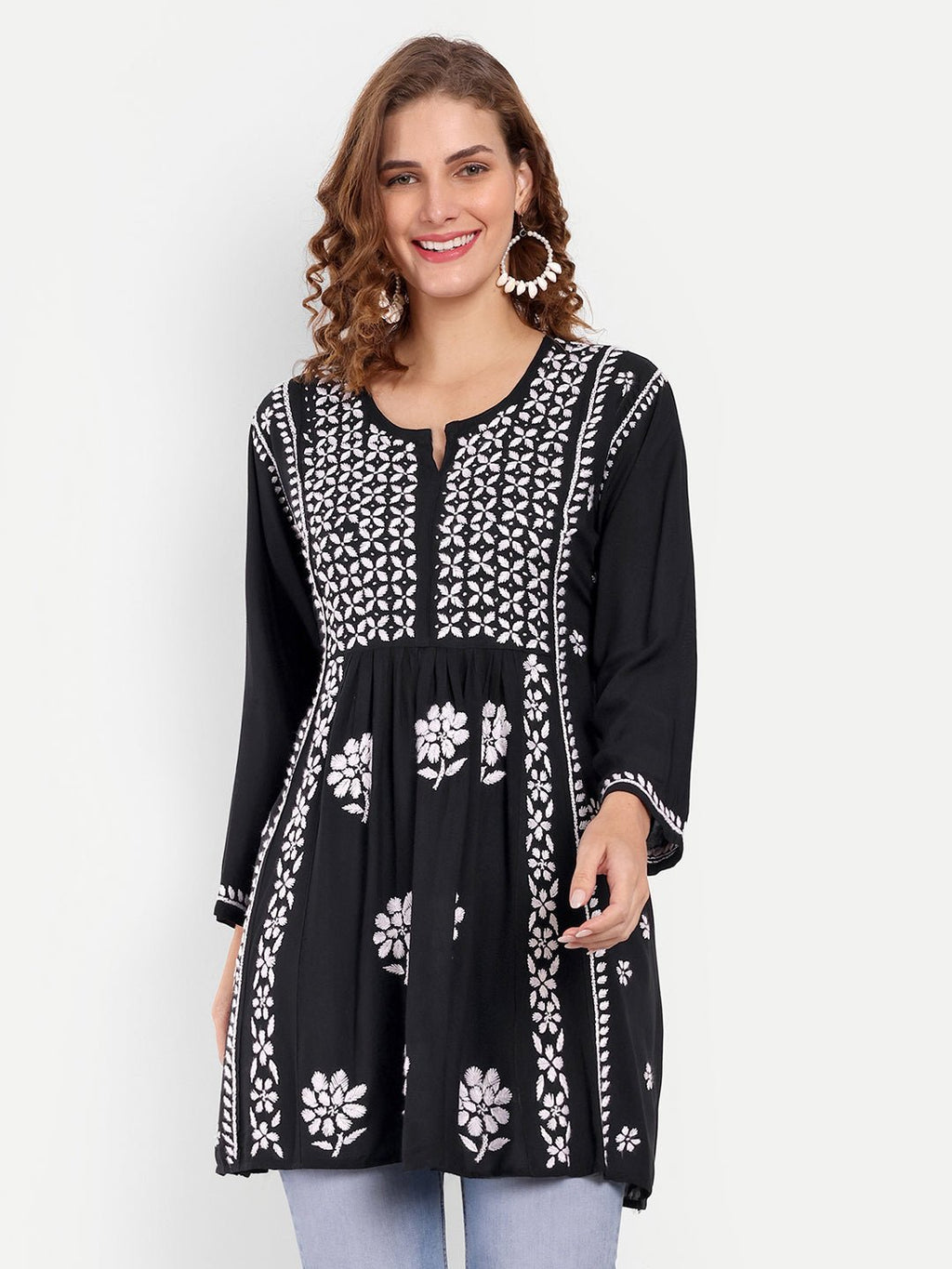 Lucknow Chikankari Hand Embroidered Peplum Fit and Flared Top Short Kurta - Indiankala4u