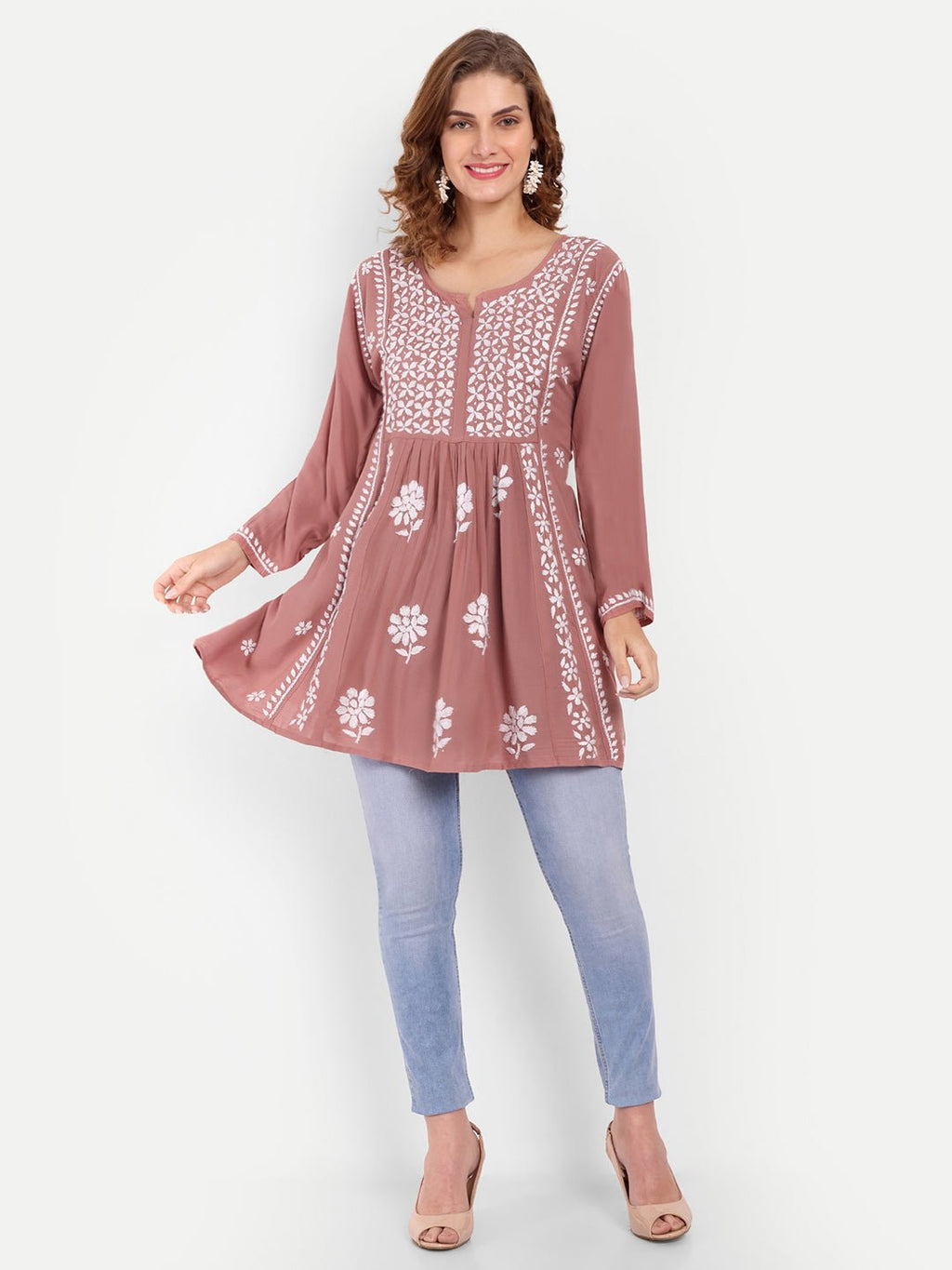 Lucknow Chikankari Hand Embroidered Peplum Fit and Flared Top Short Kurta - Indiankala4u