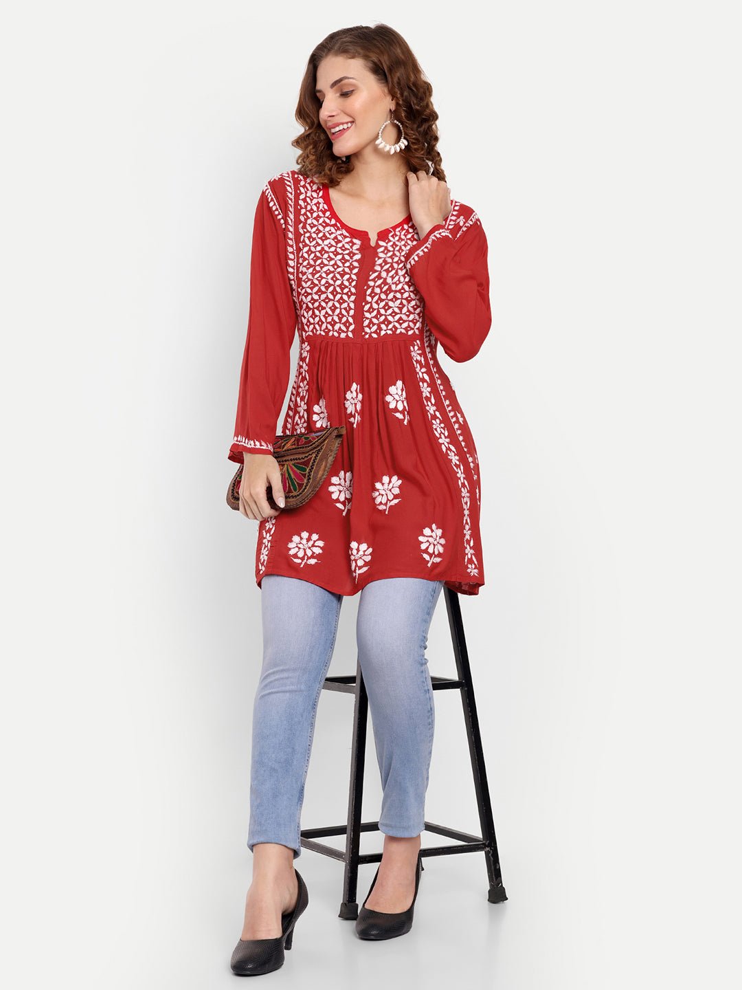 Lucknow Chikankari Hand Embroidered Peplum Fit and Flared Top Short Kurta - Indiankala4u