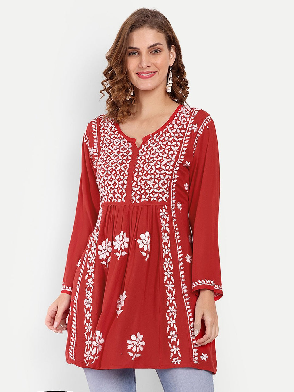 Lucknow Chikankari Hand Embroidered Peplum Fit and Flared Top Short Kurta - Indiankala4u