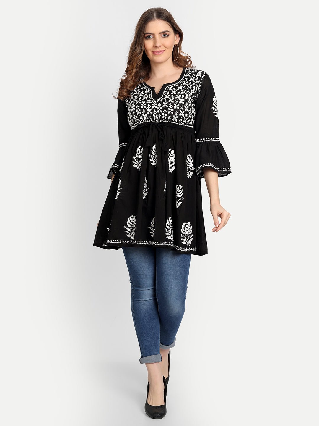 Lucknow Chikankari Hand Embroidered Peplum Fit and Flared Top Short Kurti - Indiankala4u