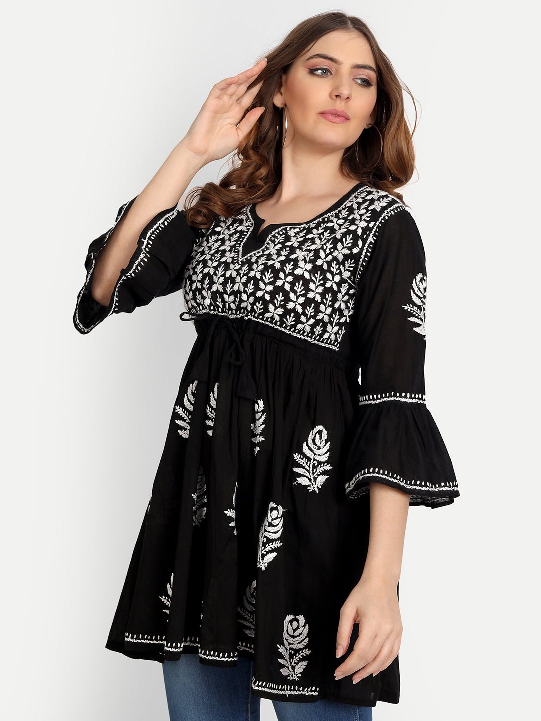 Lucknow Chikankari Hand Embroidered Peplum Fit and Flared Top Short Kurti - Indiankala4u