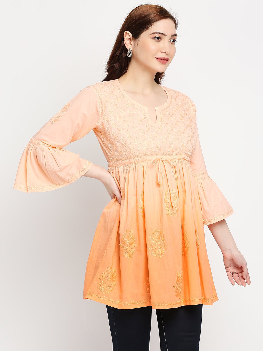 Lucknow Chikankari Hand Embroidered Peplum Fit and Flared Top Short Kurti - Indiankala4u