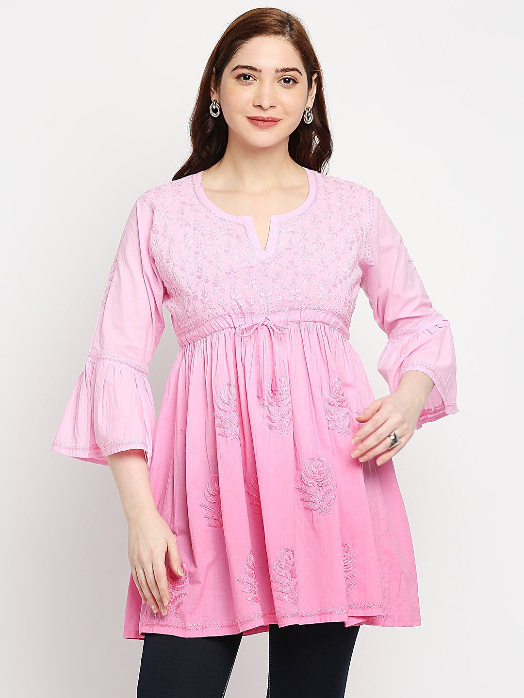 Lucknow Chikankari Hand Embroidered Peplum Fit and Flared Top Short Kurti - Indiankala4u