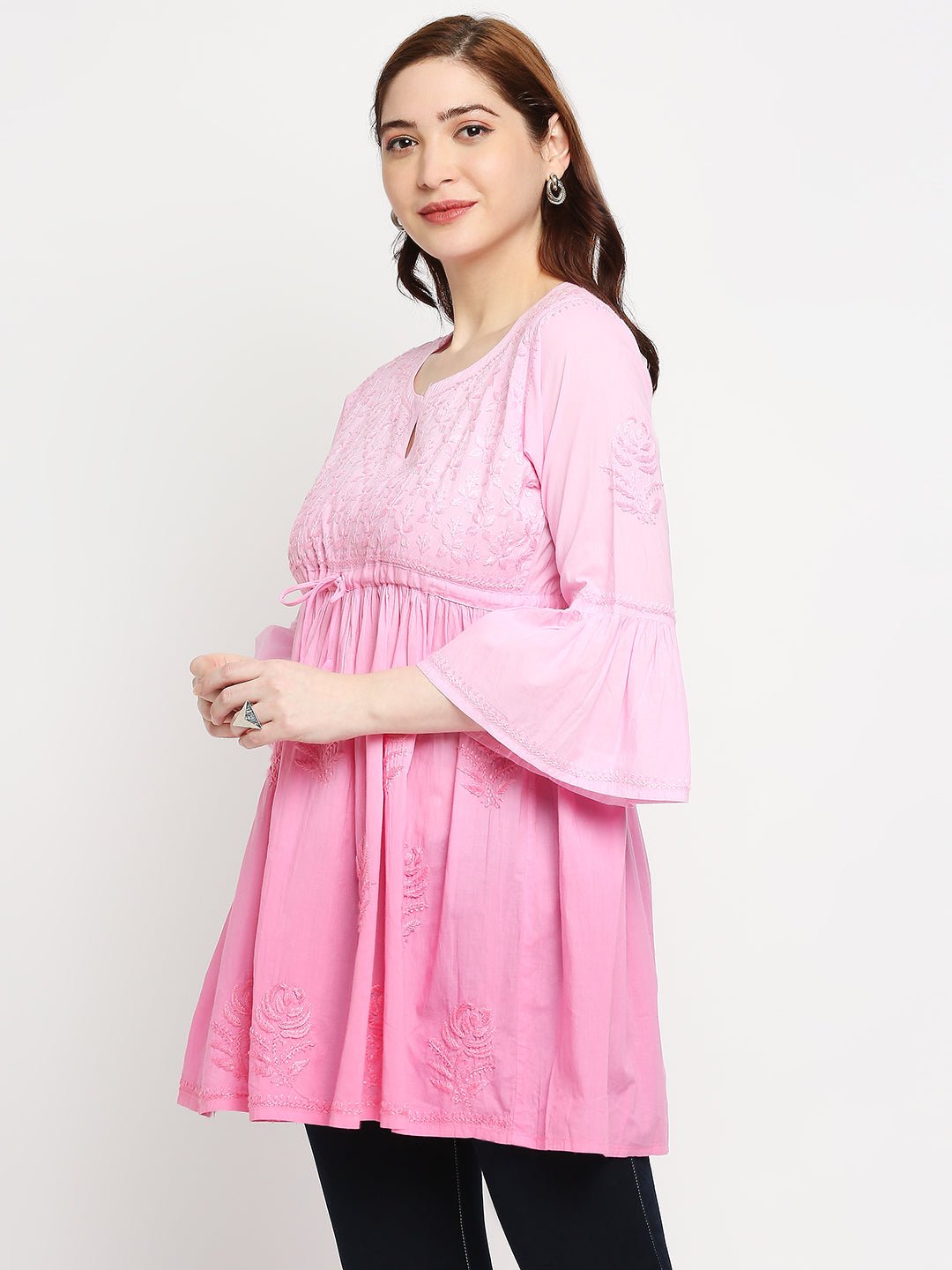 Lucknow Chikankari Hand Embroidered Peplum Fit and Flared Top Short Kurti - Indiankala4u