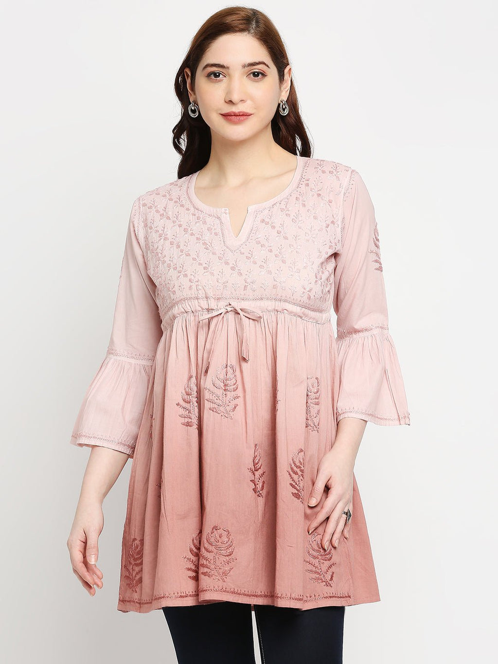 Lucknow Chikankari Hand Embroidered Peplum Fit and Flared Top Short Kurti - Indiankala4u