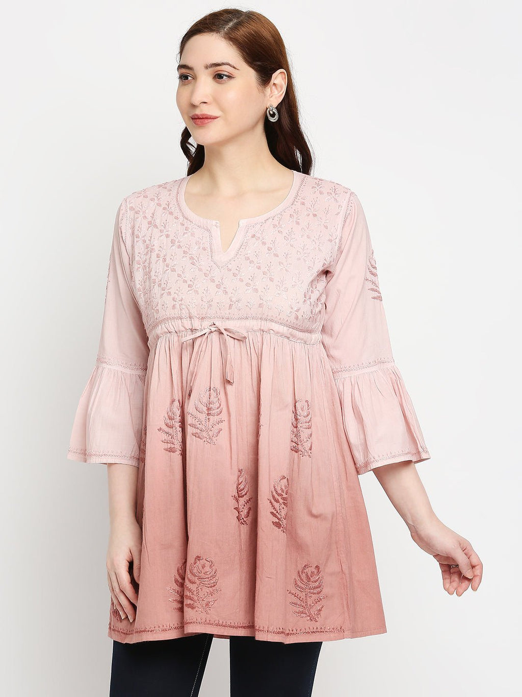 Lucknow Chikankari Hand Embroidered Peplum Fit and Flared Top Short Kurti - Indiankala4u