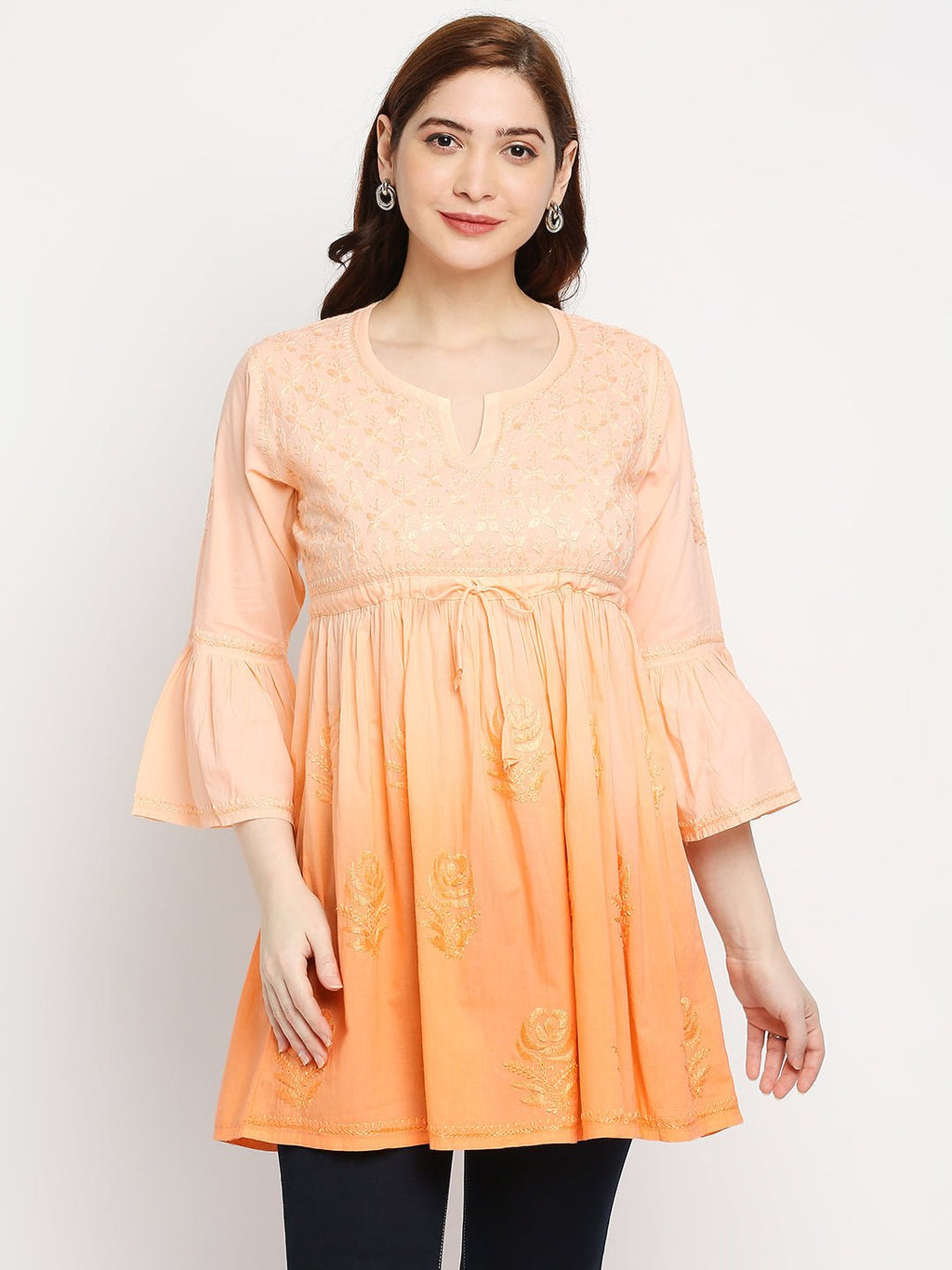 Lucknow Chikankari Hand Embroidered Peplum Fit and Flared Top Short Kurti - Indiankala4u