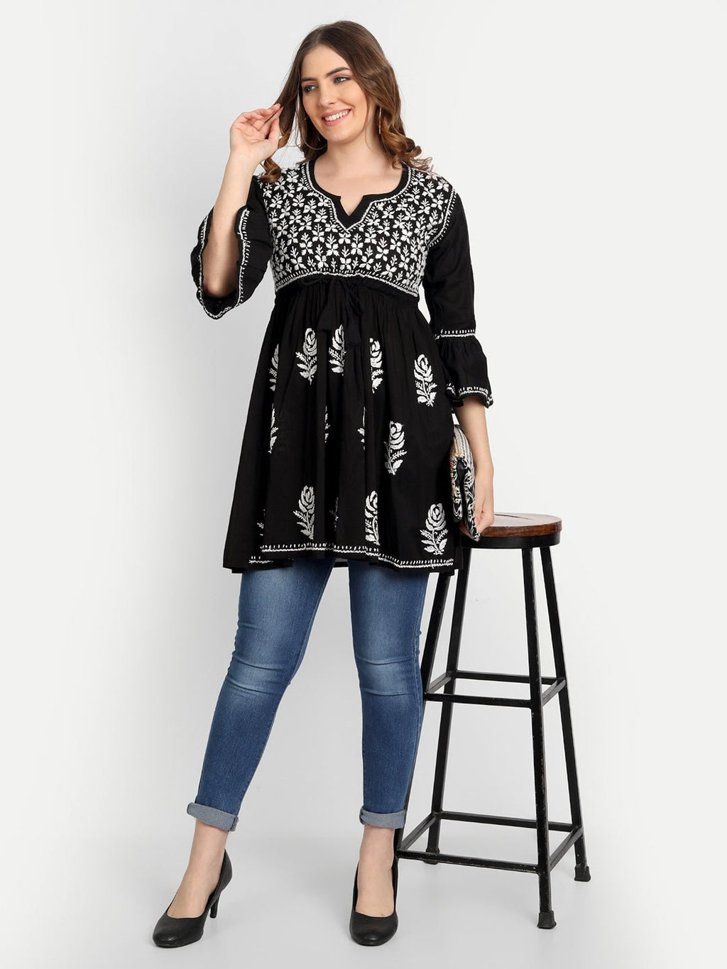 Lucknow Chikankari Hand Embroidered Peplum Fit and Flared Top Short Kurti - Indiankala4u