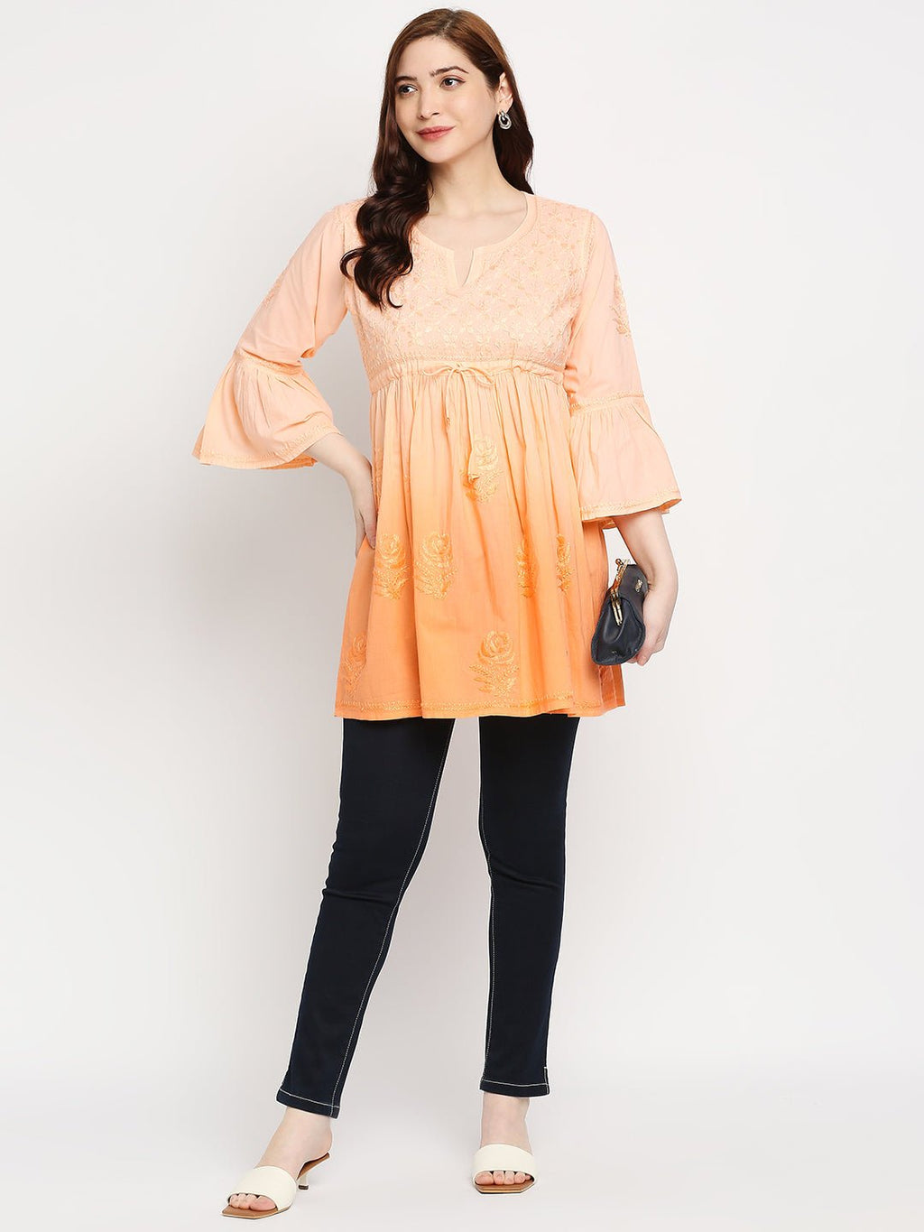 Lucknow Chikankari Hand Embroidered Peplum Fit and Flared Top Short Kurti - Indiankala4u