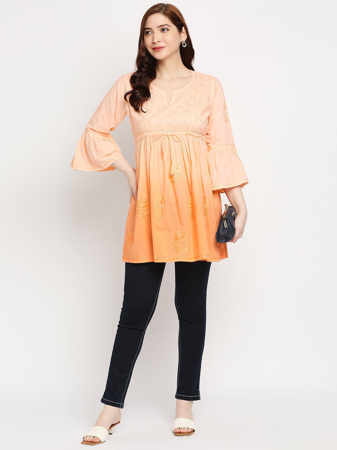 Lucknow Chikankari Hand Embroidered Peplum Fit and Flared Top Short Kurti - Indiankala4u