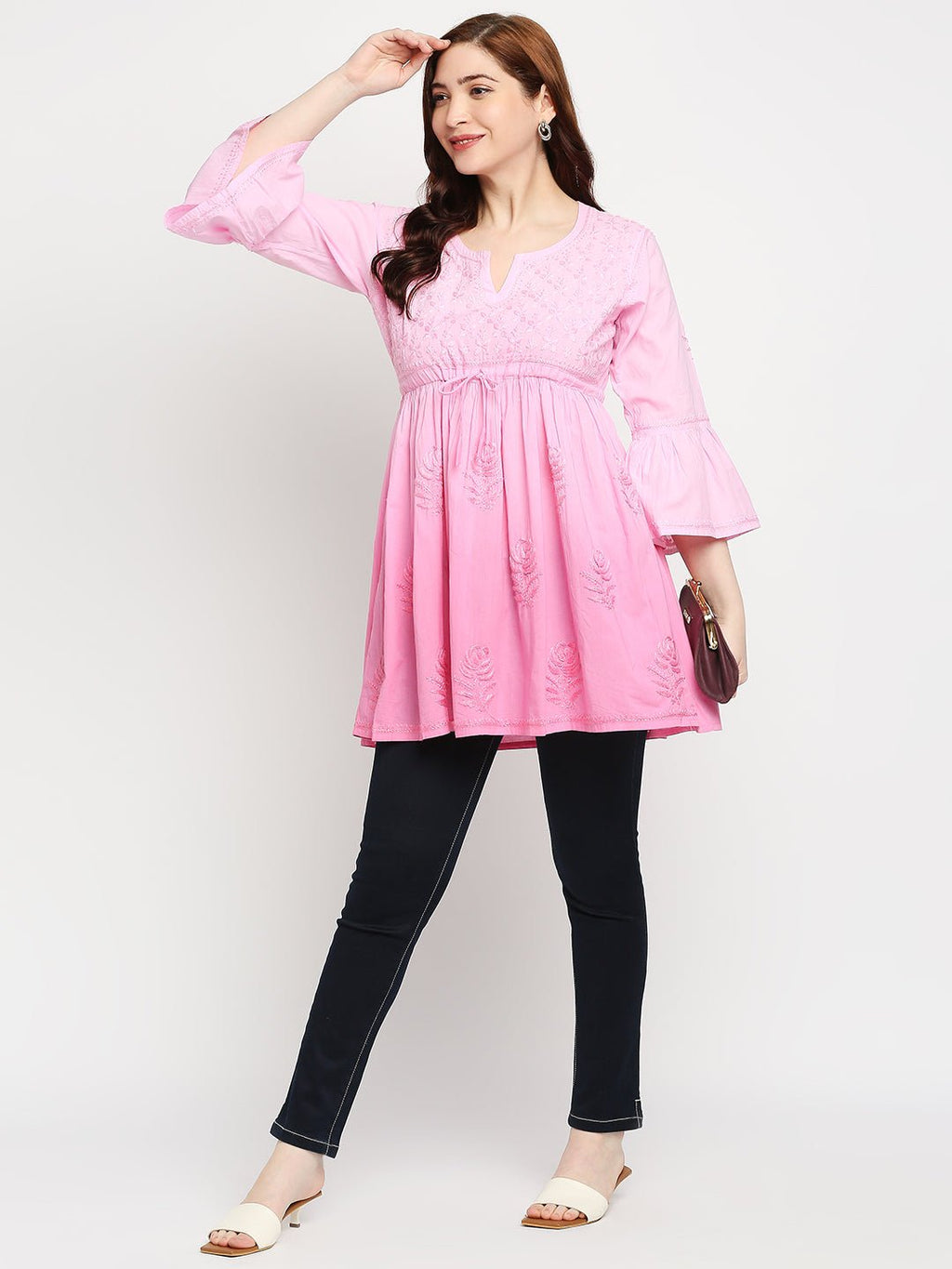 Lucknow Chikankari Hand Embroidered Peplum Fit and Flared Top Short Kurti - Indiankala4u