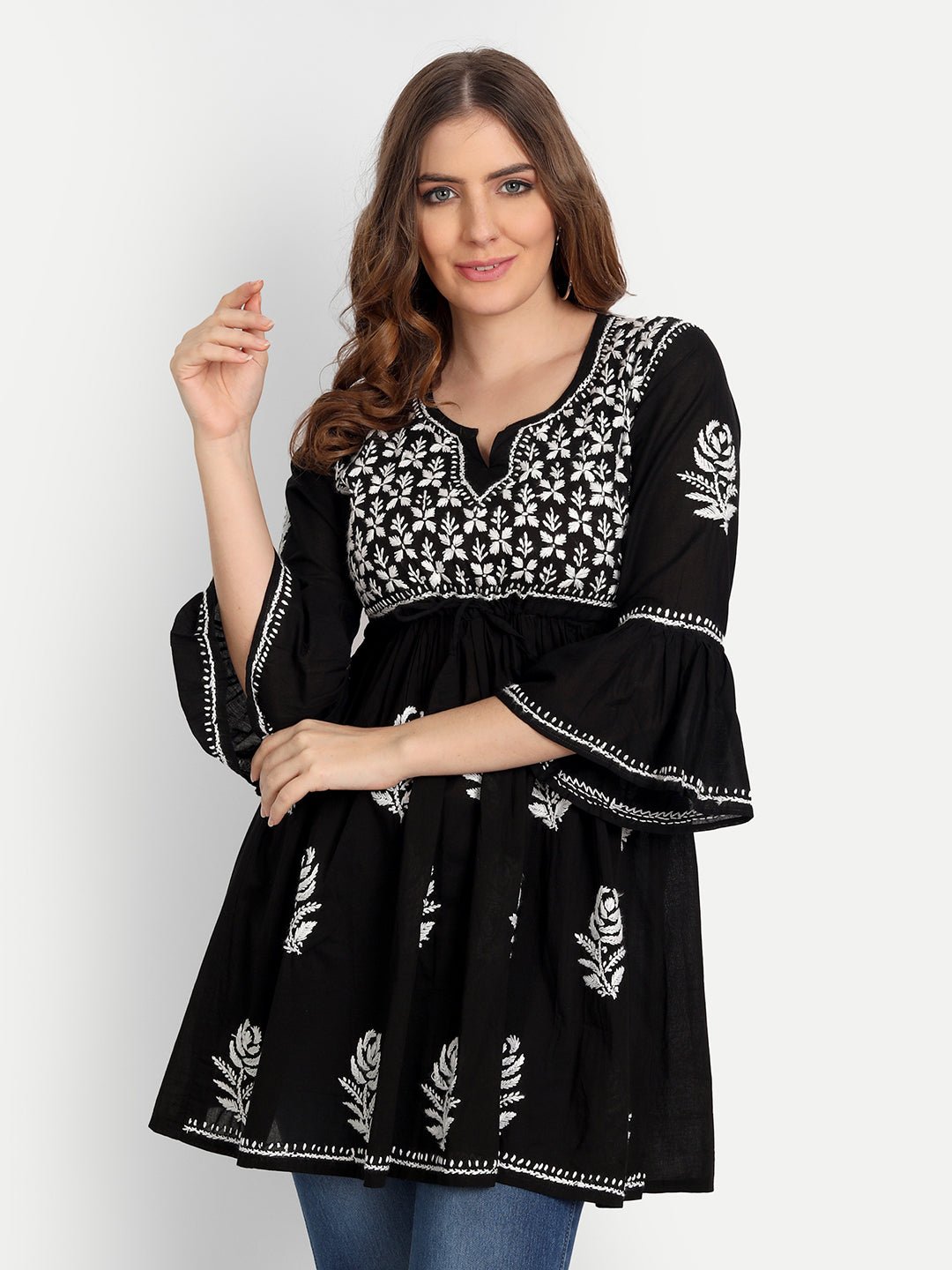 Lucknow Chikankari Hand Embroidered Peplum Fit and Flared Top Short Kurti - Indiankala4u