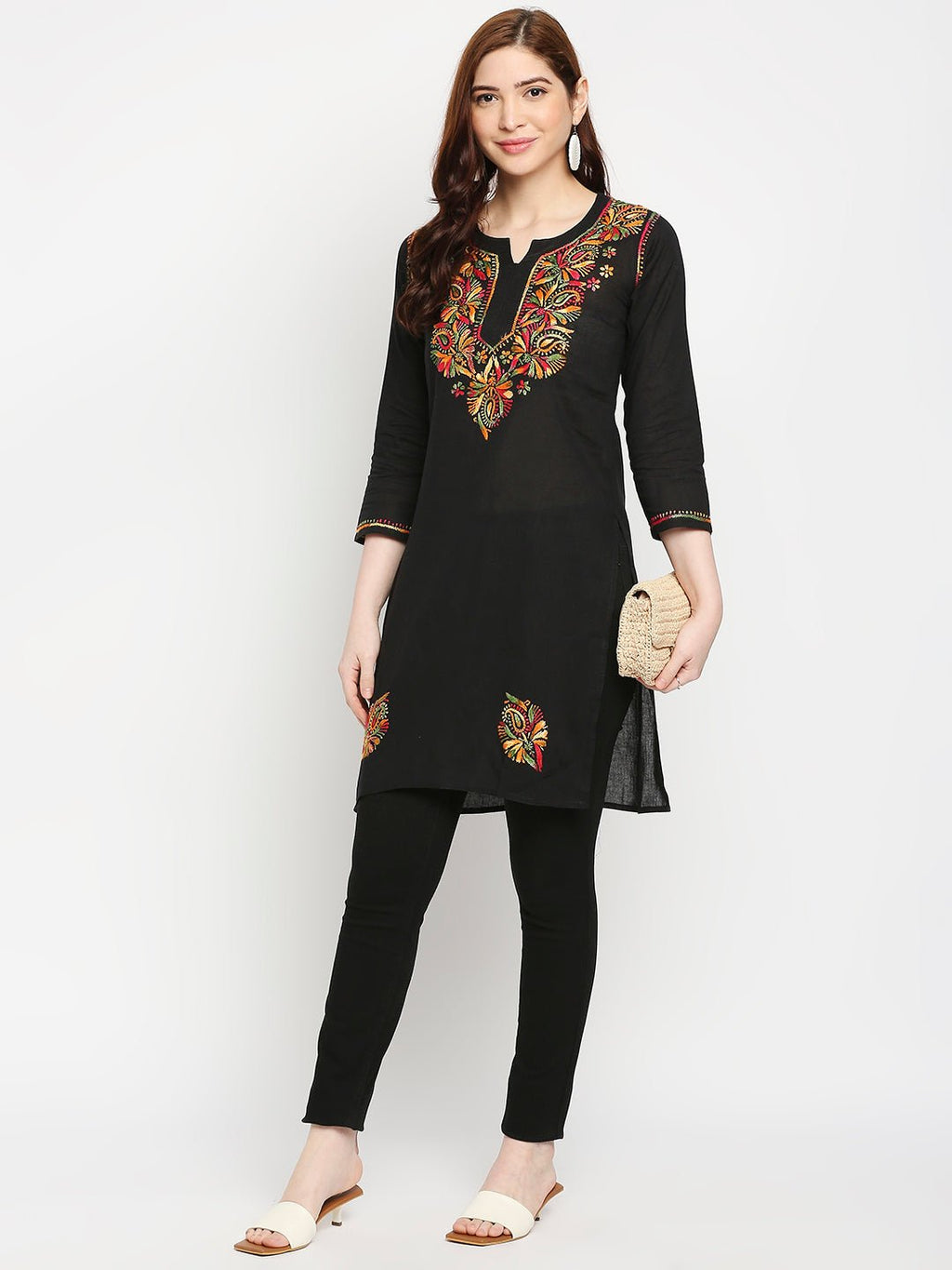 Lucknow Chikankari Hand embroidered Short kurta Cotton - Indiankala4u