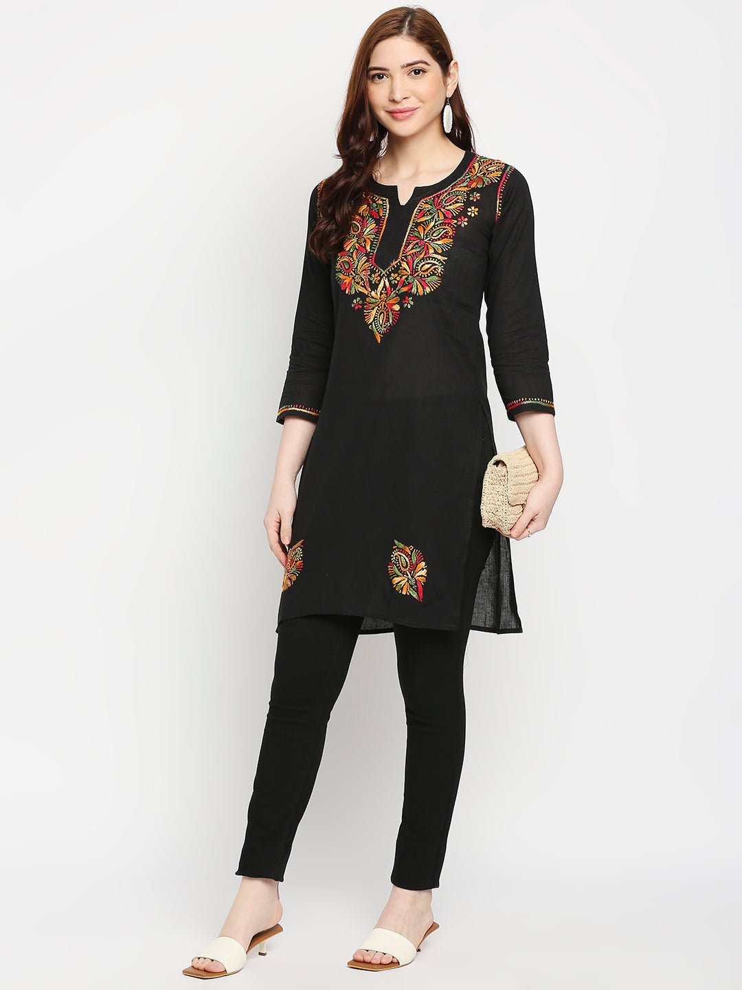 Lucknow Chikankari Hand embroidered Short kurta Cotton - Indiankala4u