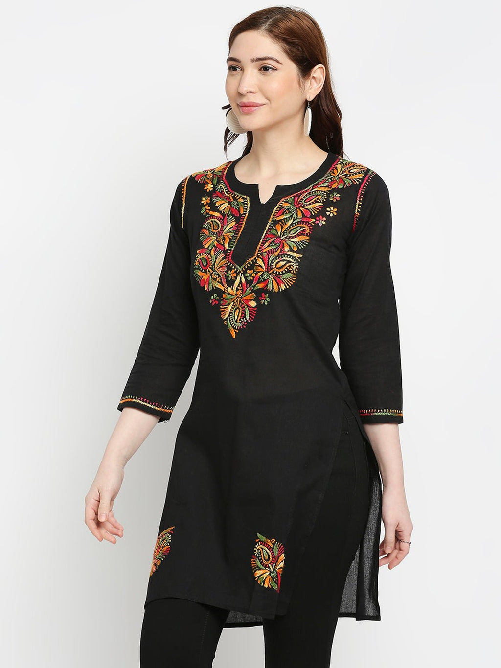 Lucknow Chikankari Hand embroidered Short kurta Cotton - Indiankala4u