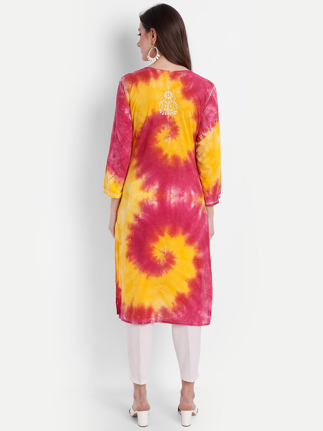 Lucknow Chikankari Hand Embroidered Tie Dye Long Kurtia Cotton - Indiankala4u