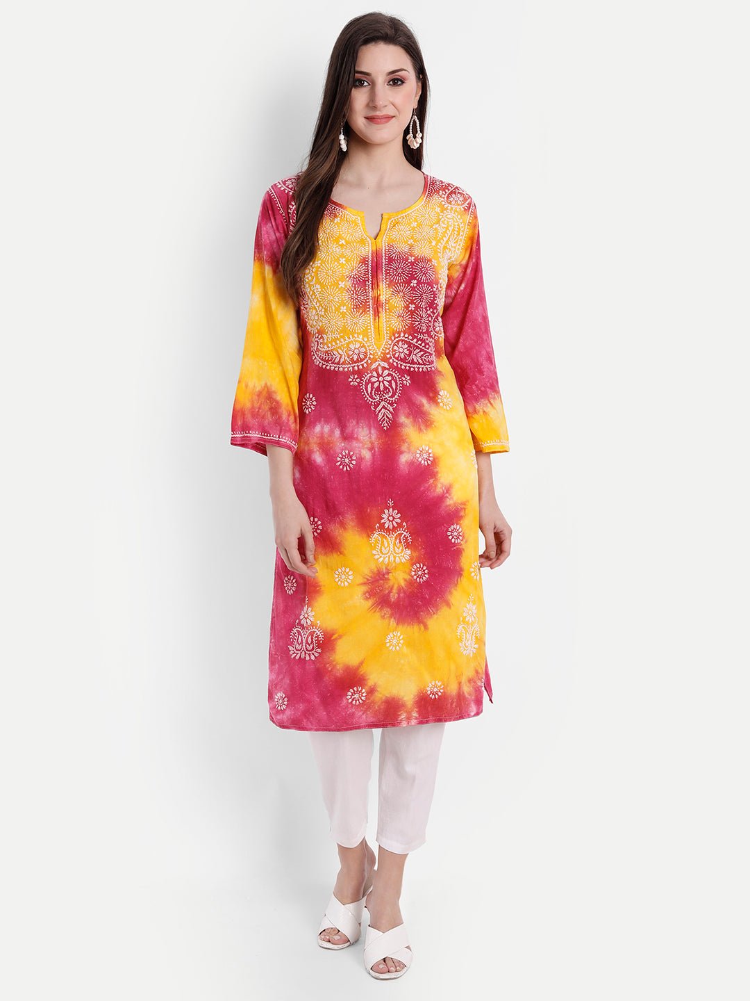 Lucknow Chikankari Hand Embroidered Tie Dye Long Kurtia Cotton - Indiankala4u