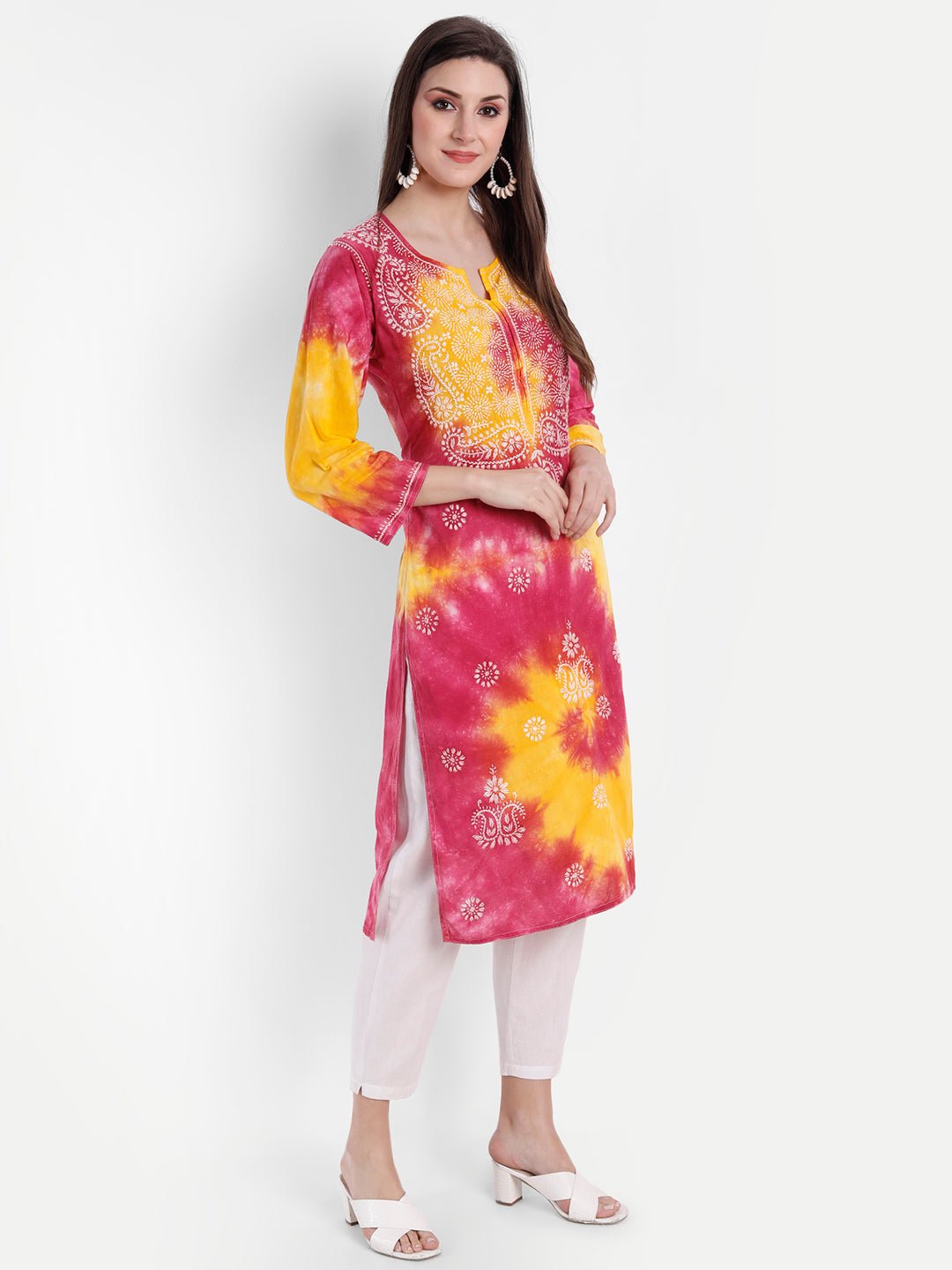 Lucknow Chikankari Hand Embroidered Tie Dye Long Kurtia Cotton - Indiankala4u