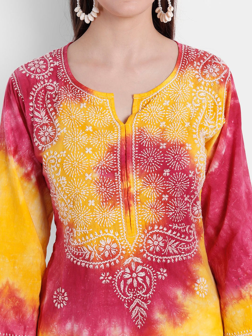 Lucknow Chikankari Hand Embroidered Tie Dye Long Kurtia Cotton - Indiankala4u