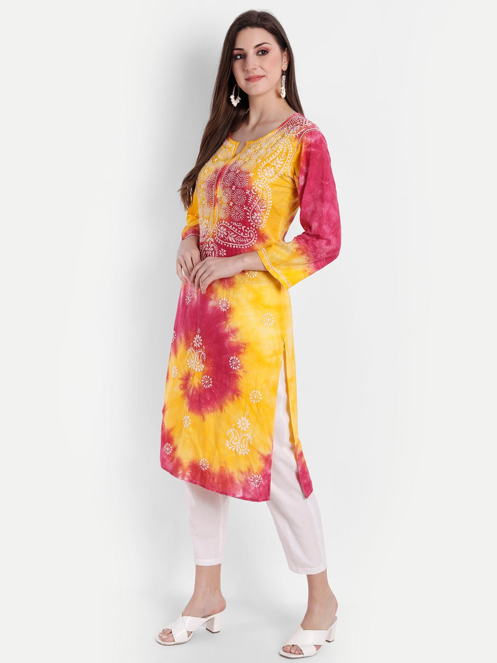 Lucknow Chikankari Hand Embroidered Tie Dye Long Kurtia Cotton - Indiankala4u