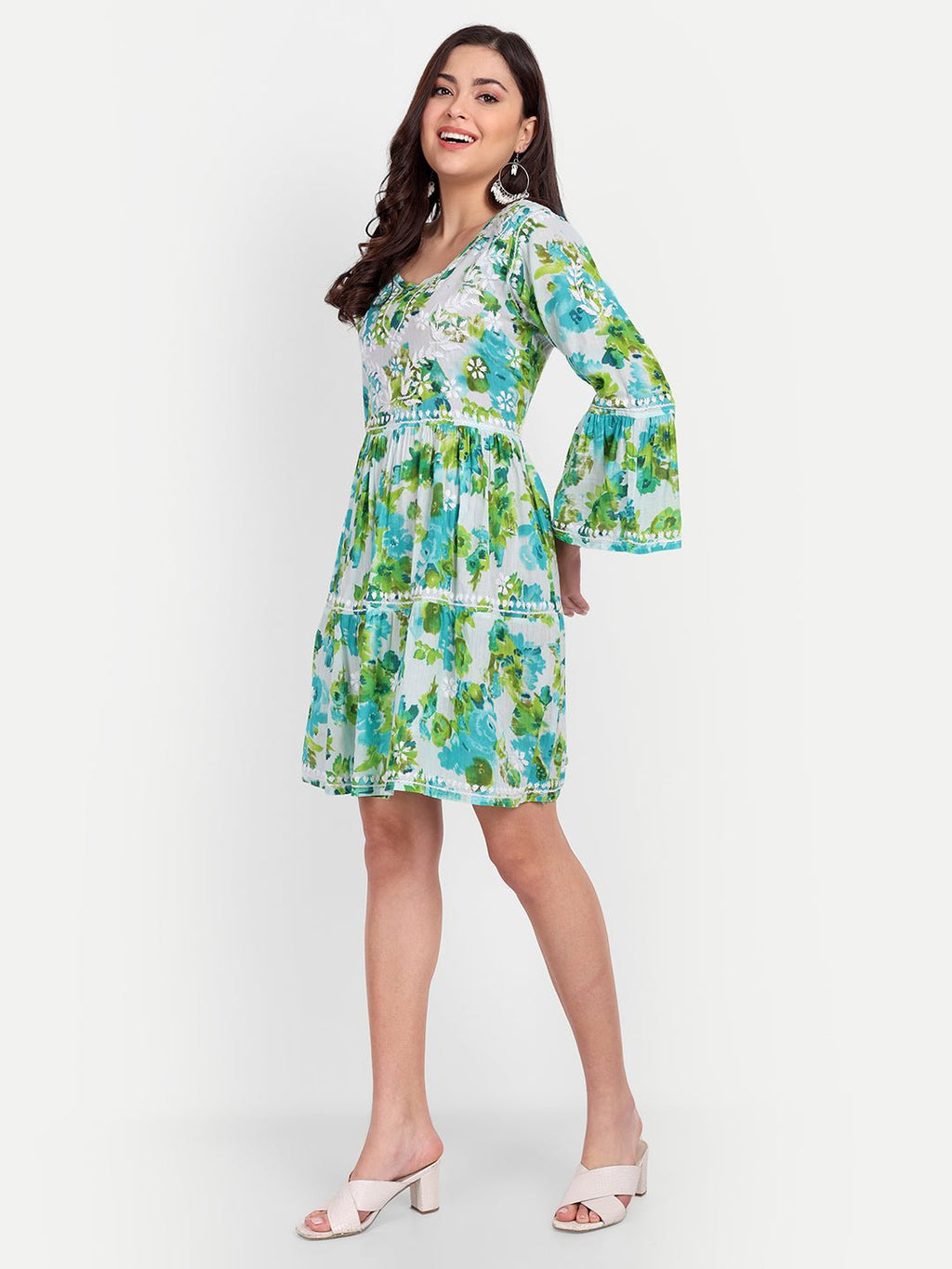 Lucknow Chikankari Hand Embroidered Tiered Kurta Mulmul Cotton - Indiankala4u