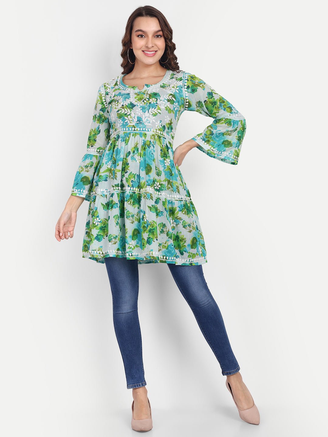 Lucknow Chikankari Hand Embroidered Tiered Kurta Mulmul Cotton - Indiankala4u
