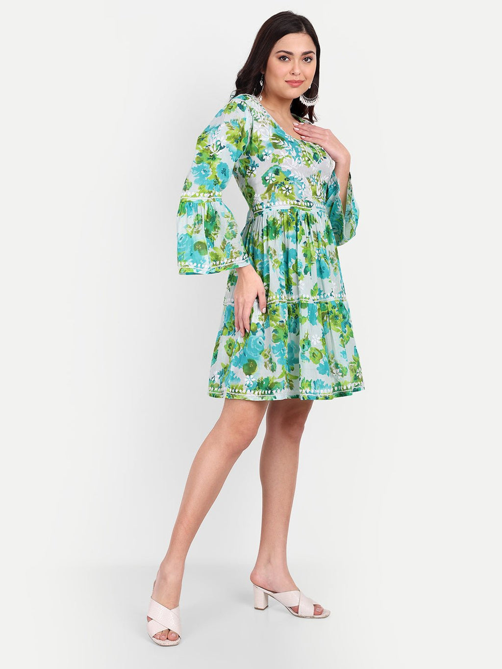 Lucknow Chikankari Hand Embroidered Tiered Kurta Mulmul Cotton - Indiankala4u