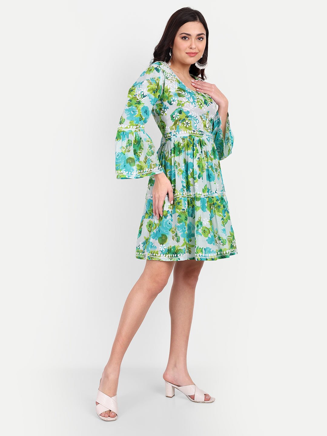 Lucknow Chikankari Hand Embroidered Tiered Kurta Mulmul Cotton - Indiankala4u