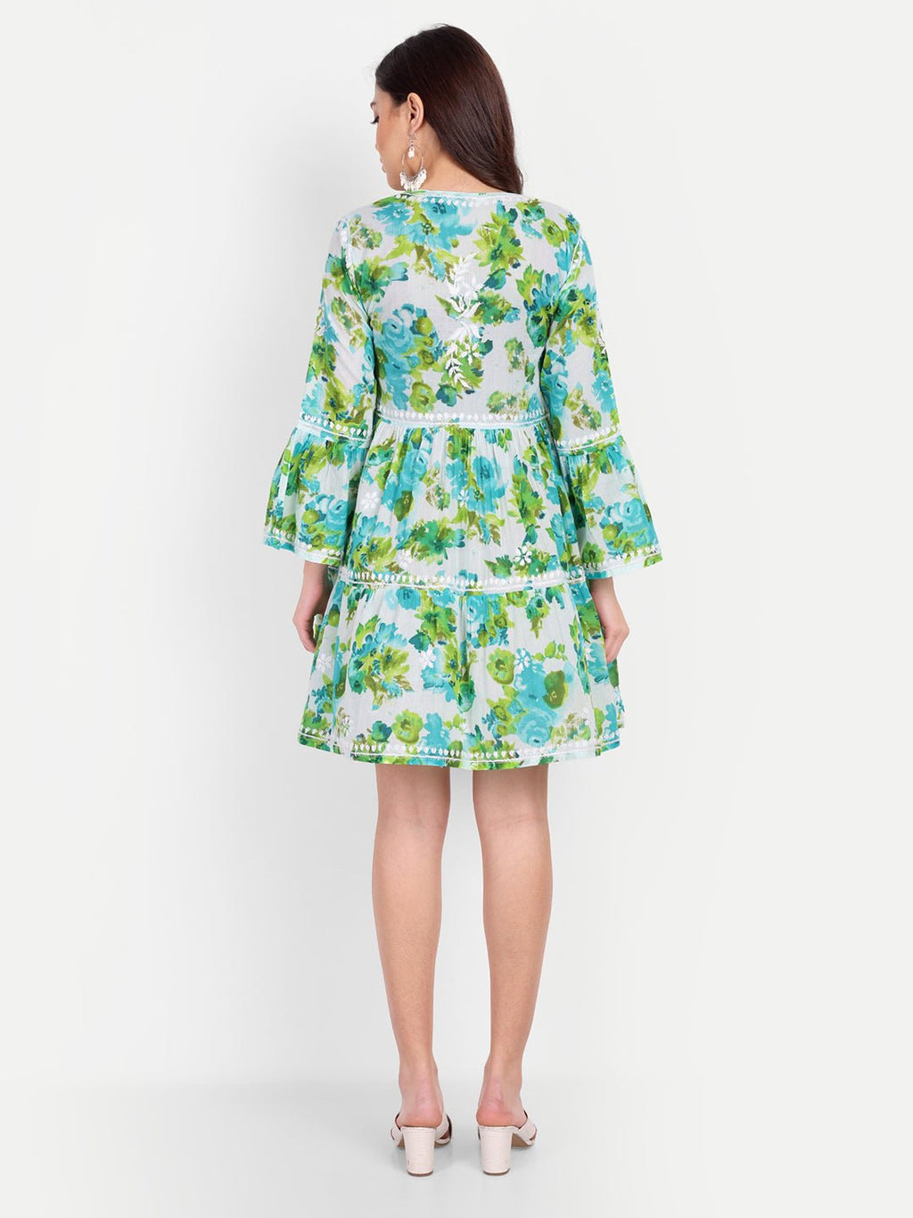 Lucknow Chikankari Hand Embroidered Tiered Kurta Mulmul Cotton - Indiankala4u