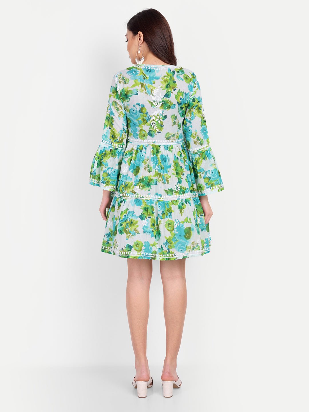 Lucknow Chikankari Hand Embroidered Tiered Kurta Mulmul Cotton - Indiankala4u