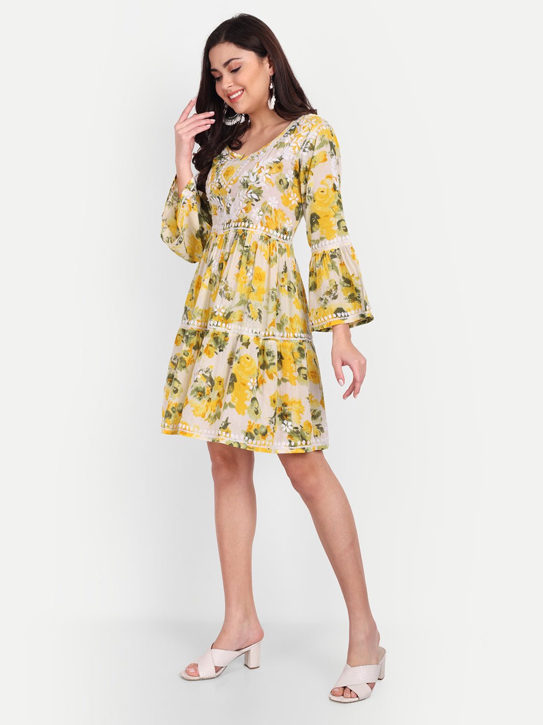 Lucknow Chikankari Hand Embroidered Tiered Kurta Mulmul Cotton - Indiankala4u