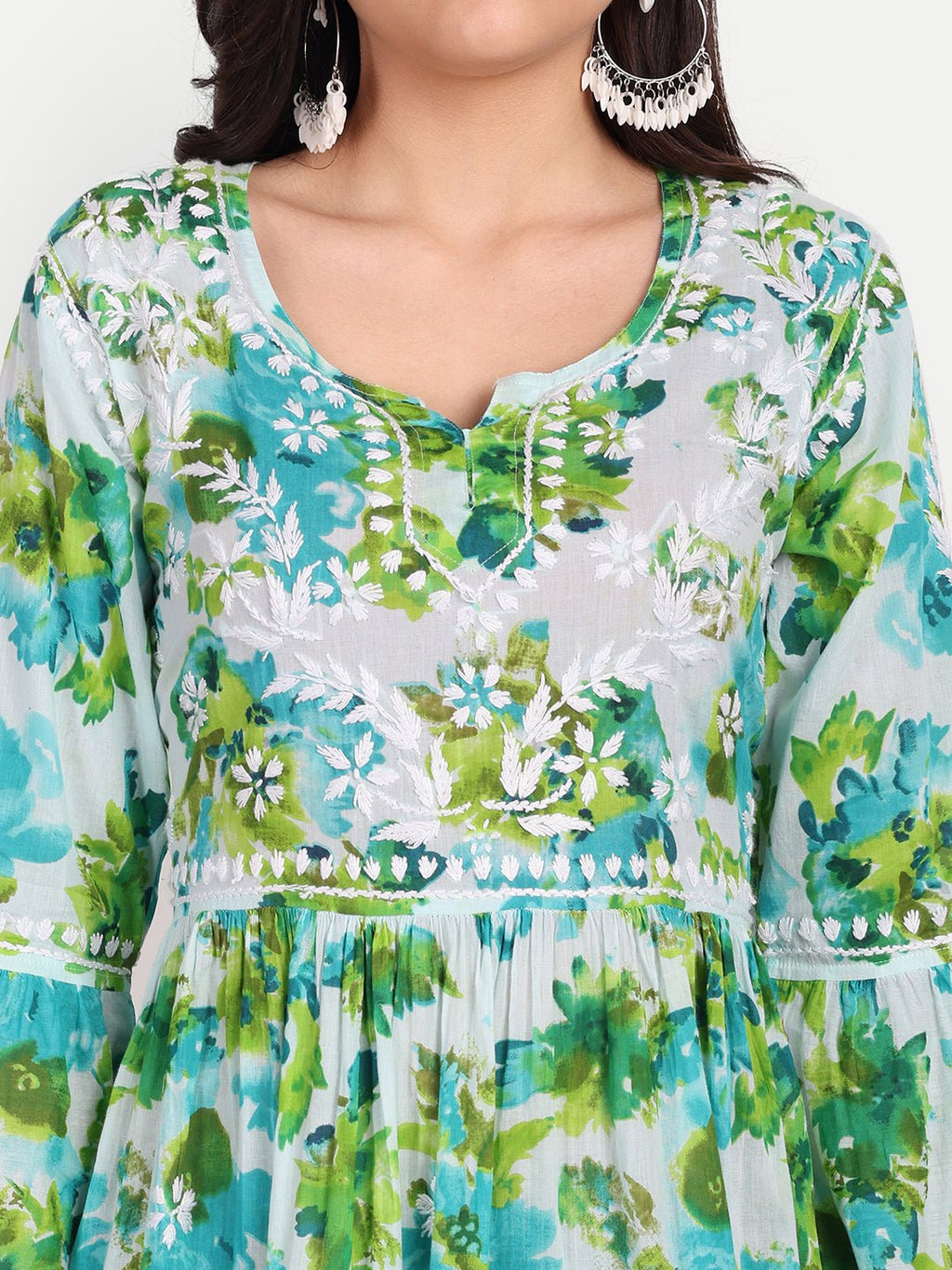 Lucknow Chikankari Hand Embroidered Tiered Kurta Mulmul Cotton - Indiankala4u