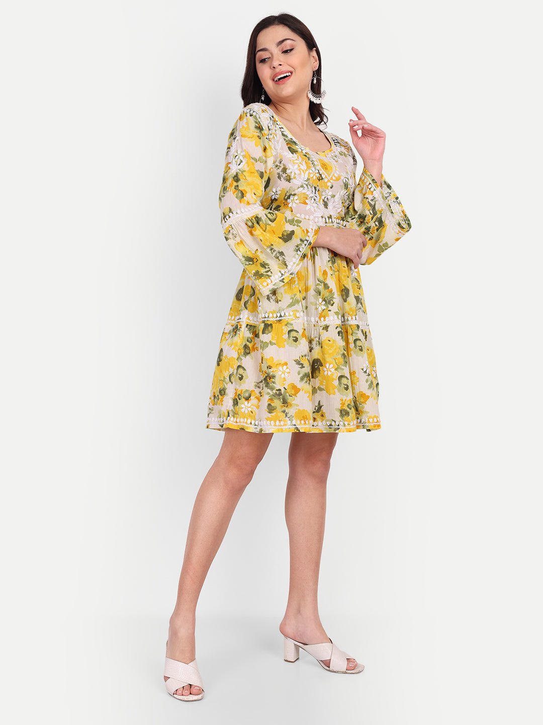 Lucknow Chikankari Hand Embroidered Tiered Kurta Mulmul Cotton - Indiankala4u