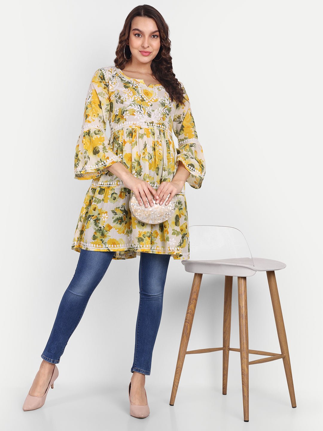 Lucknow Chikankari Hand Embroidered Tiered Kurta Mulmul Cotton - Indiankala4u