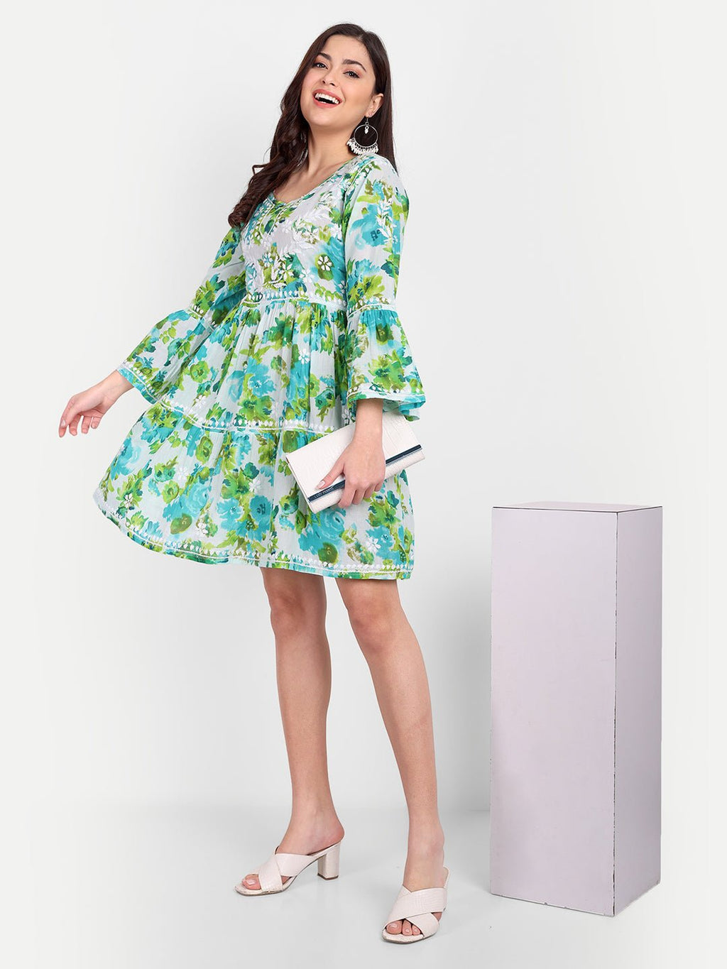 Lucknow Chikankari Hand Embroidered Tiered Kurta Mulmul Cotton - Indiankala4u