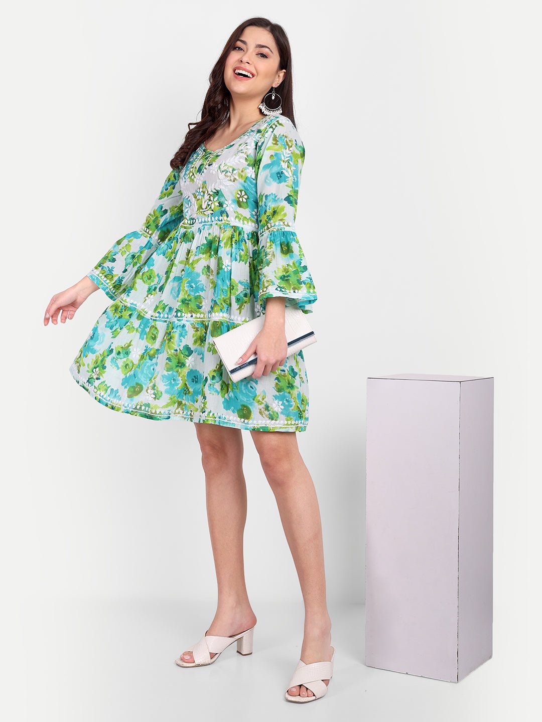 Lucknow Chikankari Hand Embroidered Tiered Kurta Mulmul Cotton - Indiankala4u