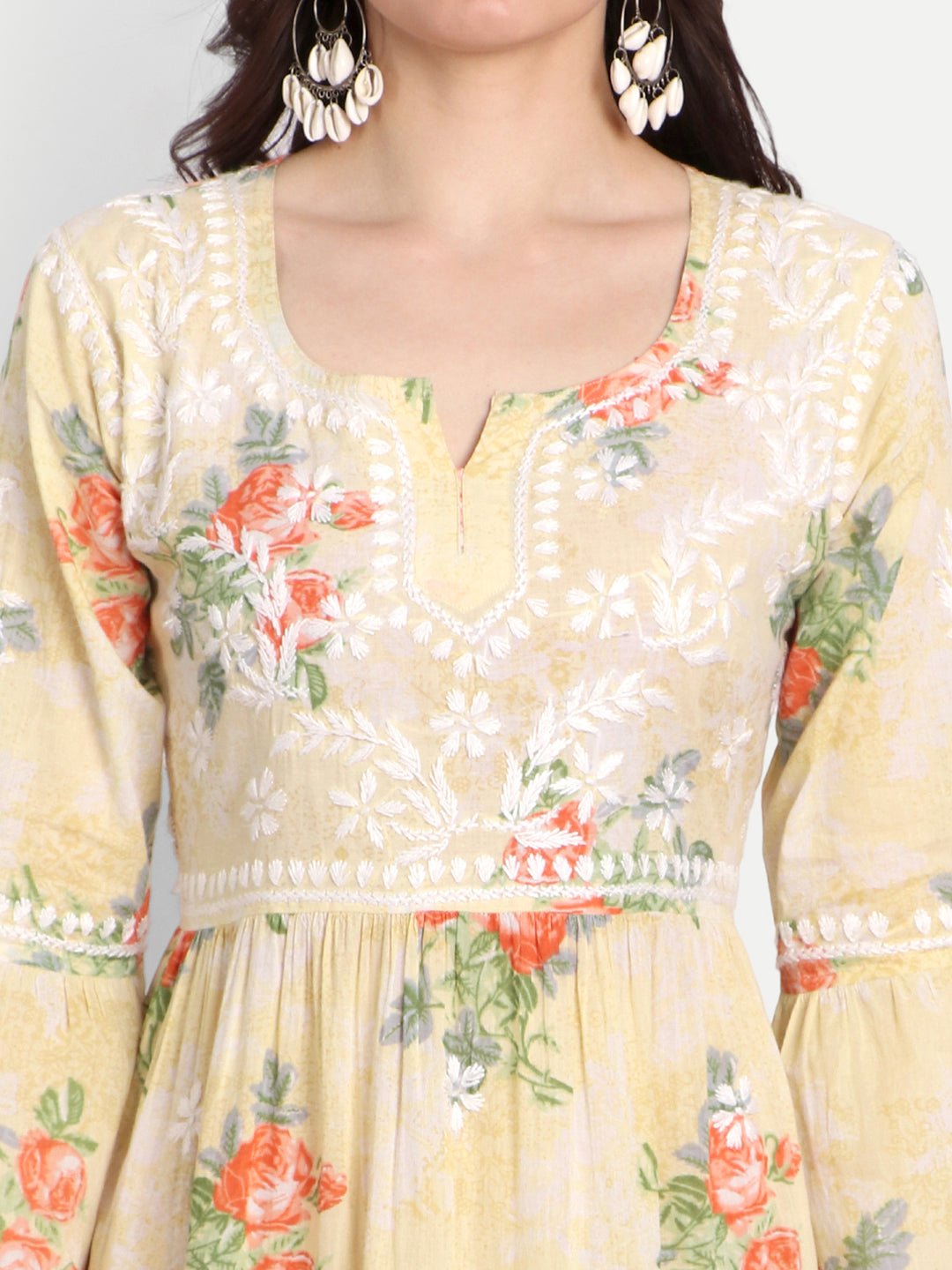 Lucknow Chikankari Hand Embroidered Tiered Kurti Mulmul Cotton - Indiankala4u