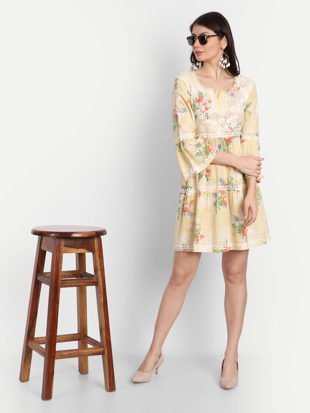 Lucknow Chikankari Hand Embroidered Tiered Kurti Mulmul Cotton - Indiankala4u