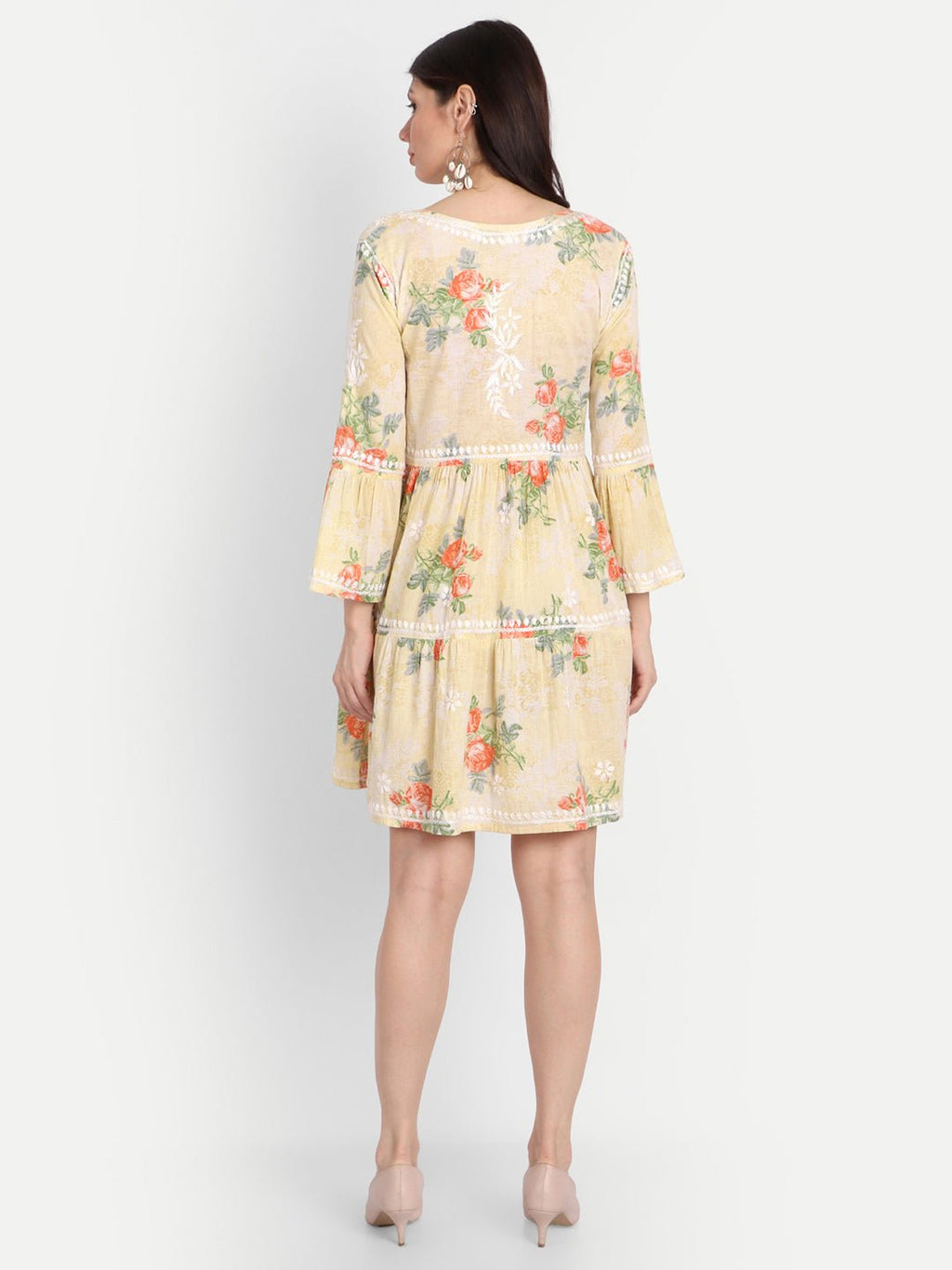 Lucknow Chikankari Hand Embroidered Tiered Kurti Mulmul Cotton - Indiankala4u